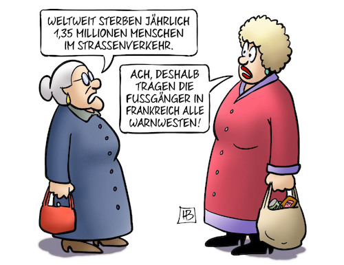 Cartoon: Strassenverkehrstote (medium) by Harm Bengen tagged sterben,strassenverkehrstote,fussgänger,frankreich,warnwesten,gelbwesten,susemil,harm,bengen,cartoon,karikatur,sterben,strassenverkehrstote,fussgänger,frankreich,warnwesten,gelbwesten,susemil,harm,bengen,cartoon,karikatur