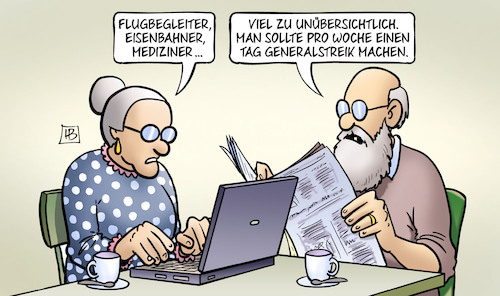 Cartoon: Streik für alle (medium) by Harm Bengen tagged flugbegleiter,eisenbahner,mediziner,bahn,gdl,generalstreik,susemil,laptop,computer,ufo,streiks,flugbegleiterinnen,streik,lufthansa,harm,bengen,cartoon,karikatur,flugbegleiter,eisenbahner,mediziner,bahn,gdl,generalstreik,susemil,laptop,computer,ufo,streiks,flugbegleiterinnen,streik,lufthansa,harm,bengen,cartoon,karikatur