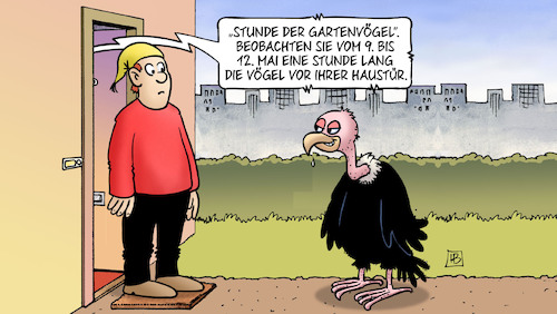 Cartoon: Stunde der Gartenvögel (medium) by Harm Bengen tagged stunde,der,gartenvögel,bund,nabu,haustür,michel,geier,harm,bengen,cartoon,karikatur,stunde,der,gartenvögel,bund,nabu,haustür,michel,geier,harm,bengen,cartoon,karikatur