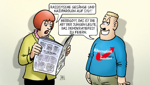 Cartoon: Sylt-Naziparolen (medium) by Harm Bengen tagged rassistische,gesänge,naziparolen,sylt,demokratiefest,feiern,afd,zeitung,lesen,harm,bengen,cartoon,karikatur,rassistische,gesänge,naziparolen,sylt,demokratiefest,feiern,afd,zeitung,lesen,harm,bengen,cartoon,karikatur