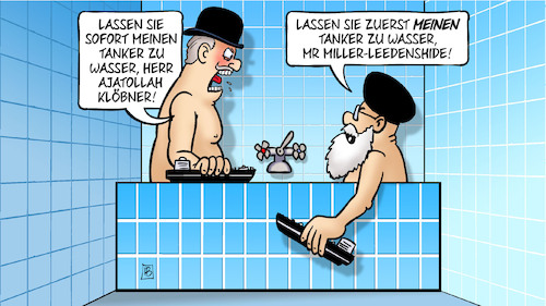 Cartoon: Tanker-Streit (medium) by Harm Bengen tagged tanker,streit,wasser,ajatollah,klöbner,miller,lleedenshide,loriot,badewanne,iran,gb,uk,öl,schiffe,konflikt,sanktionen,harm,bengen,cartoon,karikatur,tanker,streit,wasser,ajatollah,klöbner,miller,lleedenshide,loriot,badewanne,iran,gb,uk,öl,schiffe,konflikt,sanktionen,harm,bengen,cartoon,karikatur