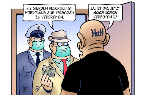 Cartoon: Telegram-Razzia (medium) by Harm Bengen tagged mordplaene,telegram,internet,netzwerk,rechtsradikal,impfgegner,nazi,hass,polizei,razzia,sachsen,harm,bengen,cartoon,karikatur,mordplaene,telegram,internet,netzwerk,rechtsradikal,impfgegner,nazi,hass,polizei,razzia,sachsen,harm,bengen,cartoon,karikatur