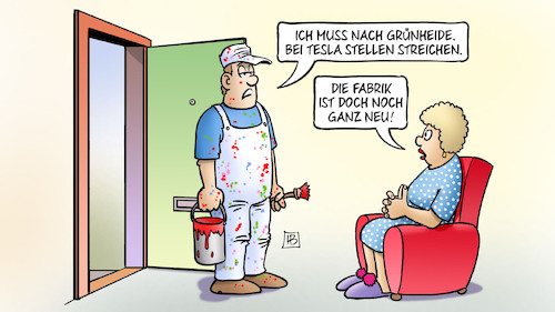 Cartoon: Tesla streicht Stellen (medium) by Harm Bengen tagged grünheide,tesla,automobilhersteller,automobilindustrie,stellen,streichen,fabrik,neu,maler,anstreicher,harm,bengen,cartoon,karikatur,grünheide,tesla,automobilhersteller,automobilindustrie,stellen,streichen,fabrik,neu,maler,anstreicher,harm,bengen,cartoon,karikatur