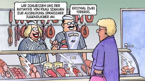 Cartoon: Torero (medium) by Harm Bengen tagged torero,spanien,deutschland,initiative,schavan,spanier,berufsausbildung,schlachter,metzger,fleischer,wurst,gehacktes,arbeitslosigkeit,jugend,jugendarbeitslosigkeit,fachkraeftemangel,migration,torero,spanien,deutschland,schavan,spanier,berufsausbildung,schlachter,metzger,fleischer,wurst,arbeitslosigkeit