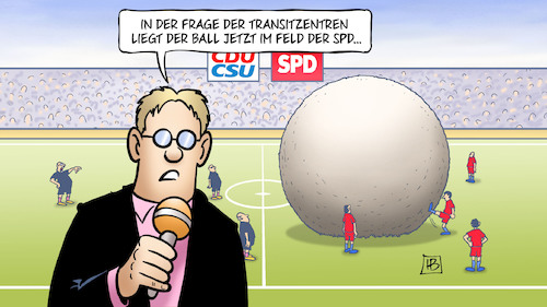 Cartoon: Transitzentren-Ball (medium) by Harm Bengen tagged transitzentren,ball,feld,fussball,stadion,kugel,asylkompromiss,merkel,seehofer,asylpolitik,unionsstreit,unionsfrieden,csu,cdu,spd,groko,koalition,harm,bengen,cartoon,karikatur,transitzentren,ball,feld,fussball,stadion,kugel,asylkompromiss,merkel,seehofer,asylpolitik,unionsstreit,unionsfrieden,csu,cdu,spd,groko,koalition,harm,bengen,cartoon,karikatur