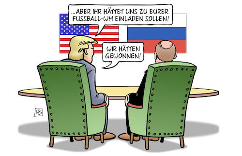 Cartoon: Treffen Helsinki (medium) by Harm Bengen tagged fussball,wm,einladen,sieger,trump,putin,donald,wladimir,treffen,usa,russland,helsinki,harm,bengen,cartoon,karikatur,fussball,wm,einladen,sieger,trump,putin,donald,wladimir,treffen,usa,russland,helsinki,harm,bengen,cartoon,karikatur