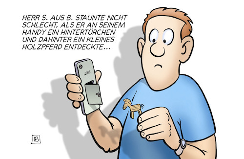 Cartoon: Trojaner-Hintertür (medium) by Harm Bengen tagged holzpferd,hintertürchen,staat,geheimdienste,abhören,whatsapp,mitlesen,handy,kommunikation,harm,bengen,cartoon,karikatur,holzpferd,hintertürchen,staat,geheimdienste,abhören,whatsapp,mitlesen,handy,kommunikation,harm,bengen,cartoon,karikatur