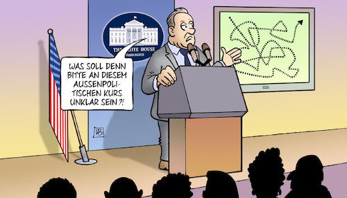 Cartoon: Trump-Kurs (medium) by Harm Bengen tagged trump,kurs,aussenministerium,spicer,usa,pressekonferenz,harm,bengen,cartoon,karikatur,trump,kurs,aussenministerium,spicer,usa,pressekonferenz,harm,bengen,cartoon,karikatur