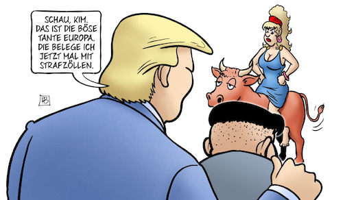 Cartoon: Trump Kim und Zölle (medium) by Harm Bengen tagged kim,trump,treffen,usa,nordkorea,europa,böse,tante,strafzölle,zoll,handelskrieg,stier,harm,bengen,cartoon,karikatur,kim,trump,treffen,usa,nordkorea,europa,böse,tante,strafzölle,zoll,handelskrieg,stier,harm,bengen,cartoon,karikatur