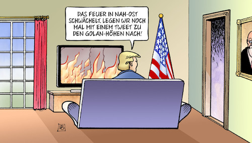 Cartoon: Trump und Golan (medium) by Harm Bengen tagged feuer,nah,ost,nachlegen,brandstifter,tweet,golan,höhen,trump,usa,israel,netanyahu,harm,bengen,cartoon,karikatur,feuer,nah,ost,nachlegen,brandstifter,tweet,golan,höhen,trump,usa,israel,netanyahu,harm,bengen,cartoon,karikatur