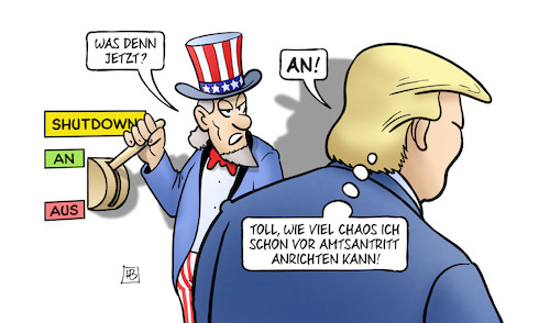 Cartoon: Trump und Shutdown (medium) by Harm Bengen tagged chaos,amtsantritt,trump,shutdown,an,aus,usa,haushaltssperre,uncle,sam,schalter,harm,bengen,cartoon,karikatur,chaos,amtsantritt,trump,shutdown,an,aus,usa,haushaltssperre,uncle,sam,schalter,harm,bengen,cartoon,karikatur