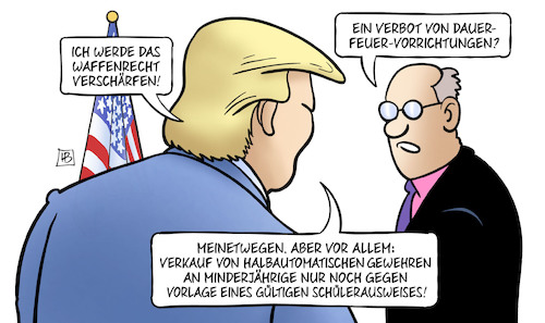 Cartoon: Trump und Waffenrecht (medium) by Harm Bengen tagged trump,waffenrecht,usa,schule,massaker,florida,verbot,dauerfeuervorrichtungen,bump,stocks,schnellfeuergewehren,kinder,schülerausweis,harm,bengen,cartoon,karikatur,trump,waffenrecht,usa,schule,massaker,florida,verbot,dauerfeuervorrichtungen,bump,stocks,schnellfeuergewehren,kinder,schülerausweis,harm,bengen,cartoon,karikatur