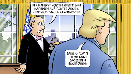 Cartoon: Trumps Grossbuchstaben (medium) by Harm Bengen tagged iranische,aussenminister,sarif,twitter,grossbuchstaben,antwort,trump,oval,office,handy,usa,iran,drohung,atomabkommen,harm,bengen,cartoon,karikatur,iranische,aussenminister,sarif,twitter,grossbuchstaben,antwort,trump,oval,office,handy,usa,iran,drohung,atomabkommen,harm,bengen,cartoon,karikatur