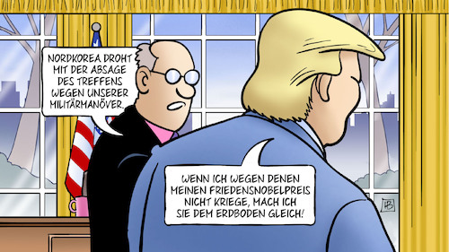 Cartoon: Trumps Nobelpreis (medium) by Harm Bengen tagged kim,jong,un,nordkorea,usa,absage,militärmanöver,treffen,trump,friedensnobelpreis,erdboden,krieg,oval,office,harm,bengen,cartoon,karikatur,kim,jong,un,nordkorea,usa,absage,militärmanöver,treffen,trump,friedensnobelpreis,erdboden,krieg,oval,office,harm,bengen,cartoon,karikatur