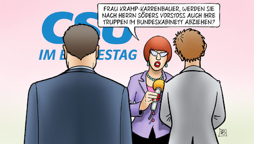 Cartoon: Truppenabzug (medium) by Harm Bengen tagged akk,kramp,karrenbauer,söder,vorstoss,truppen,bundeskabinett,abziehen,truppenabzug,cdu,csu,landesgruppe,bundestag,klausur,seeon,duden,harm,bengen,cartoon,karikatur,akk,kramp,karrenbauer,söder,vorstoss,truppen,bundeskabinett,abziehen,truppenabzug,cdu,csu,landesgruppe,bundestag,klausur,seeon,duden,harm,bengen,cartoon,karikatur