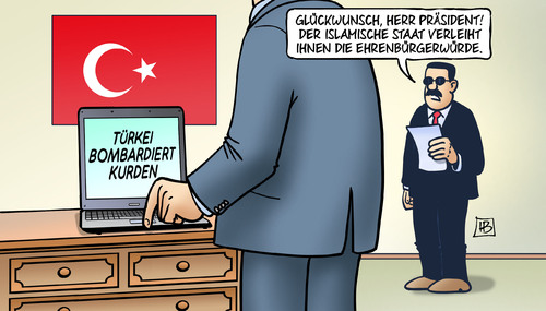 Cartoon: Türkei bombardiert Kurden (medium) by Harm Bengen tagged glückwunsch,präsident,islamischer,staat,ehrenbürgerwürde,türkei,bombardieren,krieg,tod,tot,kobane,kurden,erdogan,is,terror,islamisten,harm,bengen,cartoon,karikatur,glückwunsch,präsident,islamischer,staat,ehrenbürgerwürde,türkei,bombardieren,krieg,tod,tot,kobane,kurden,erdogan,is,terror,islamisten,harm,bengen,cartoon,karikatur