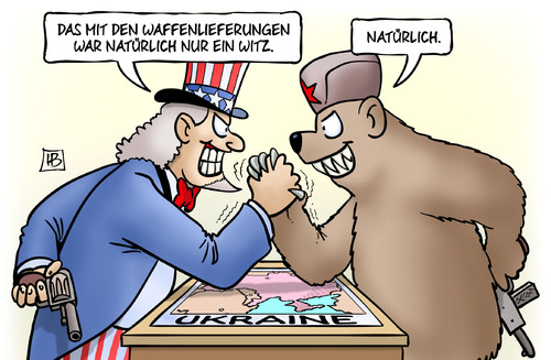 Cartoon: Ukraine-Waffenlieferungen (medium) by Harm Bengen tagged uncle,drohungen,krieg,waffen,russland,usa,ukraine,witz,waffenlieferungen,sam,karikatur,cartoon,bengen,harm,bär,ukraine,waffenlieferungen,witz,usa,russland,waffen,krieg,drohungen,uncle,sam,bär,harm,bengen,cartoon,karikatur