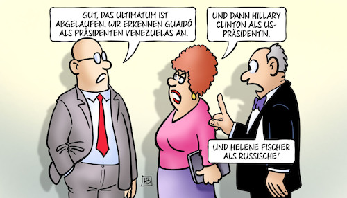 Cartoon: Ultimatum (medium) by Harm Bengen tagged ultimatum,abgelaufen,anerkennung,staatstreich,maduro,wahlen,guaido,präsident,venezuela,hillary,clinton,usa,präsidentin,helene,fischer,russland,harm,bengen,cartoon,karikatur,ultimatum,abgelaufen,anerkennung,staatstreich,maduro,wahlen,guaido,präsident,venezuela,hillary,clinton,usa,präsidentin,helene,fischer,russland,harm,bengen,cartoon,karikatur