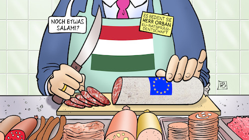 Cartoon: Ungarns Ratspräsidentschaft (medium) by Harm Bengen tagged ungarn,ratspräsidentschaft,salami,orban,eu,europa,schlachter,wurst,metzger,harm,bengen,cartoon,karikatur,ungarn,ratspräsidentschaft,salami,orban,eu,europa,schlachter,wurst,metzger,harm,bengen,cartoon,karikatur