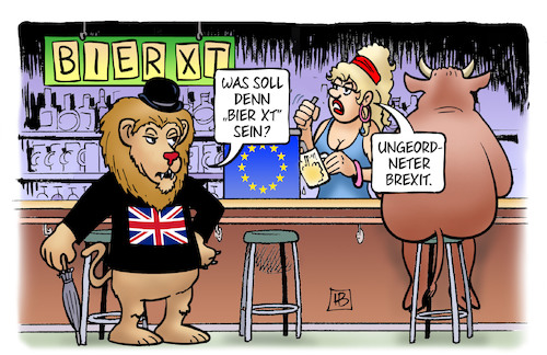 Cartoon: Ungeordneter Brexit (medium) by Harm Bengen tagged ungeordneter,harter,brexit,bier,xt,europa,stier,löwe,kneipe,gb,uk,harm,bengen,cartoon,karikatur,ungeordneter,harter,brexit,bier,xt,europa,stier,löwe,kneipe,gb,uk,harm,bengen,cartoon,karikatur