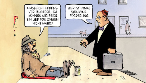 Cartoon: Ungleiche Lebensverhältnisse (medium) by Harm Bengen tagged ungleiche,gleichwertige,lebensverhältnisse,strukturförderung,regionen,bettler,geld,arm,reich,harm,bengen,cartoon,karikatur,ungleiche,gleichwertige,lebensverhältnisse,strukturförderung,regionen,bettler,geld,arm,reich,harm,bengen,cartoon,karikatur