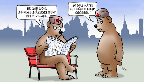 Cartoon: Unregelmässigkeiten (medium) by Harm Bengen tagged unregelmässigkeiten,wahl,duma,parlament,russland,moskau,bären,zeitung,lesen,geschichte,kommunismus,vergangenheit,harm,bengen,cartoon,karikatur,unregelmässigkeiten,wahl,duma,parlament,russland,moskau,bären,zeitung,lesen,geschichte,kommunismus,vergangenheit,harm,bengen,cartoon,karikatur