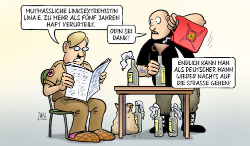 Cartoon: Urteil Lina E. (medium) by Harm Bengen tagged linksextremistin,lina,haft,urteil,odin,deutscher,mann,strasse,angst,nazis,harm,bengen,cartoon,karikatur,linksextremistin,lina,haft,urteil,odin,deutscher,mann,strasse,angst,nazis,harm,bengen,cartoon,karikatur