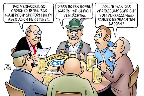 Cartoon: Urteil Wahlrechtsreform (medium) by Harm Bengen tagged verfassungsgerichtsurteil,wahlrechtsreform,linken,csu,stammtisch,bayern,roten,roben,verfassungsschutz,bverfg,harm,bengen,cartoon,karikatur,verfassungsgerichtsurteil,wahlrechtsreform,linken,csu,stammtisch,bayern,roten,roben,verfassungsschutz,bverfg,harm,bengen,cartoon,karikatur