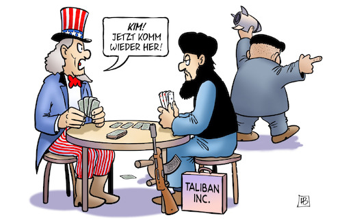 Cartoon: USA-Taliban-Nordkorea (medium) by Harm Bengen tagged usa,taliban,nordkorea,kim,jong,un,afghanistan,uncle,sam,pokern,raketen,verhandlungen,gespräche,harm,bengen,cartoon,karikatur,usa,taliban,nordkorea,kim,jong,un,afghanistan,uncle,sam,pokern,raketen,verhandlungen,gespräche,harm,bengen,cartoon,karikatur