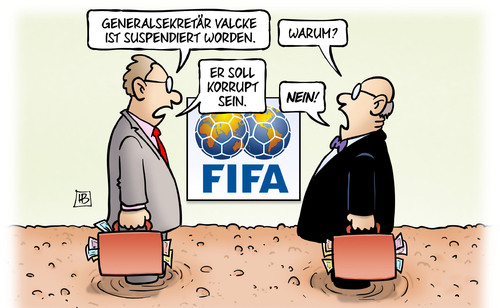 Cartoon: Valcke (medium) by Harm Bengen tagged generalsekretär,valcke,suspendiert,fifa,fussball,verband,korrupt,korruption,bestechung,geld,koffer,sumpf,harm,bengen,cartoon,karikatur,generalsekretär,valcke,suspendiert,fifa,fussball,verband,korrupt,korruption,bestechung,geld,koffer,sumpf,harm,bengen,cartoon,karikatur