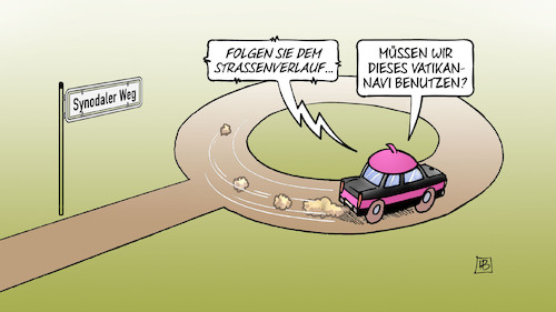 Cartoon: Vatikan-Navi (medium) by Harm Bengen tagged strassenverlauf,bischofskonferenz,frühjahrsvollversammlung,vatikan,navi,kreisverkehr,synodaler,weg,kfz,harm,bengen,cartoon,karikatur,strassenverlauf,bischofskonferenz,frühjahrsvollversammlung,vatikan,navi,kreisverkehr,synodaler,weg,kfz,harm,bengen,cartoon,karikatur