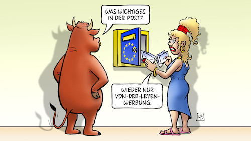 Cartoon: V.d.L.-Werbung (medium) by Harm Bengen tagged wichtiges,post,briefe,briefkasten,von,der,leyen,vdl,europa,stier,kommissionspräsidentin,werbung,harm,bengen,cartoon,karikatur,wichtiges,post,briefe,briefkasten,von,der,leyen,vdl,europa,stier,kommissionspräsidentin,werbung,harm,bengen,cartoon,karikatur