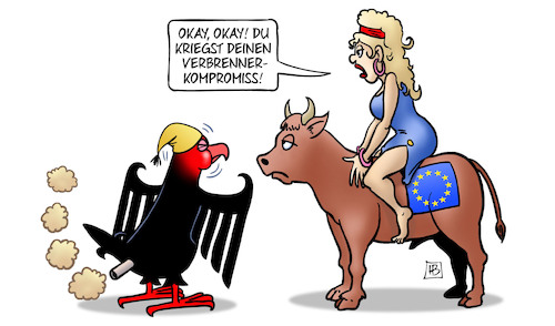 Cartoon: Verbrenner-Kompromiss (medium) by Harm Bengen tagged verbrenner,kompromiss,adler,bundesadler,auspuff,abgase,umwelt,klimaschutz,europa,eu,stier,wissing,deutschland,fdp,verkehrsminister,harm,bengen,cartoon,karikatur,verbrenner,kompromiss,adler,bundesadler,auspuff,abgase,umwelt,klimaschutz,europa,eu,stier,wissing,deutschland,fdp,verkehrsminister,harm,bengen,cartoon,karikatur