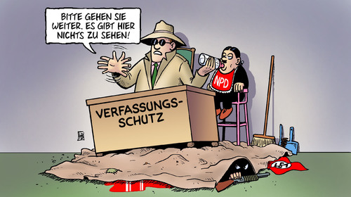 Cartoon: Verfassungsschutz und NPD (medium) by Harm Bengen tagged verfassungsschutz,npd,nazis,terror,terrorzelle,nsu,mord,verbot,vmann,waffen,gewalt,verfassungsschutz,npd,nazis,terror,nsu,verbot,mord,vmann,waffen,gewalt