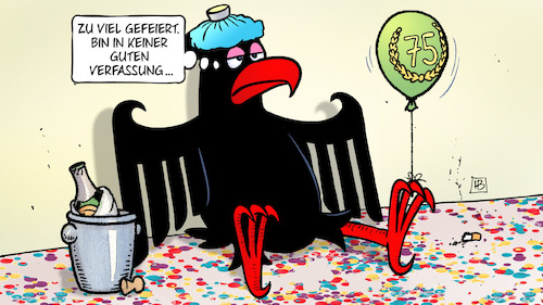 Cartoon: Verfassungszustand (medium) by Harm Bengen tagged grundgesetz,75,feiern,kater,alkohol,kopfschmerzen,verfassung,zustand,adler,bundesadler,eisbeutel,sekt,konfetti,harm,bengen,cartoon,karikatur,grundgesetz,75,feiern,kater,alkohol,kopfschmerzen,verfassung,zustand,adler,bundesadler,eisbeutel,sekt,konfetti,harm,bengen,cartoon,karikatur