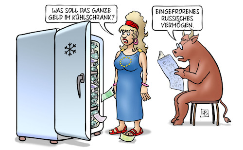 Cartoon: Vermögen auf Eis (medium) by Harm Bengen tagged vermögen,eis,geld,kühlschrank,eingefroren,sanktionen,eu,europa,stier,russland,ukraine,krieg,einmarsch,angriff,harm,bengen,cartoon,karikatur,vermögen,eis,geld,kühlschrank,eingefroren,sanktionen,eu,europa,stier,russland,ukraine,krieg,einmarsch,angriff,harm,bengen,cartoon,karikatur