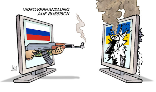 Cartoon: Videoverhandlung auf Russisch (medium) by Harm Bengen tagged videoverhandlung,russisch,ak47,monitor,kaputt,russland,ukraine,krieg,angriff,harm,bengen,cartoon,karikatur,videoverhandlung,russisch,ak47,monitor,kaputt,russland,ukraine,krieg,angriff,harm,bengen,cartoon,karikatur