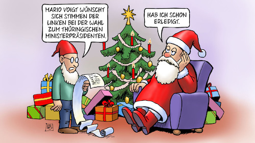 Cartoon: Voigt-Wunsch (medium) by Harm Bengen tagged mario,voigt,cdu,stimmen,linke,wahl,thüringischer,thüringen,ministerpräsident,weihnachtsmann,wichtel,wunschzettel,liste,harm,bengen,cartoon,karikatur,mario,voigt,cdu,stimmen,linke,wahl,thüringischer,thüringen,ministerpräsident,weihnachtsmann,wichtel,wunschzettel,liste,harm,bengen,cartoon,karikatur