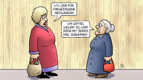 Cartoon: Vorgezogene Neuwahlen (medium) by Harm Bengen tagged deutschlandtrend,umfragen,vorgezogene,neuwahlen,schlimmer,susemil,jutta,zaun,harm,bengen,cartoon,karikatur,deutschlandtrend,umfragen,vorgezogene,neuwahlen,schlimmer,susemil,jutta,zaun,harm,bengen,cartoon,karikatur