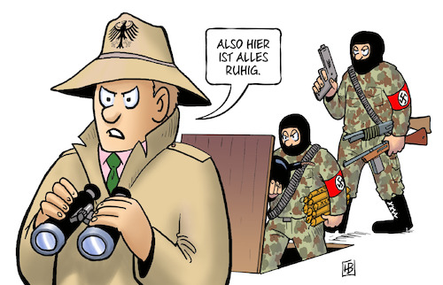 Cartoon: Wachsam gegen Rechtsterror (medium) by Harm Bengen tagged wachsamkeit,rechtsterror,nazis,anschlag,halle,antisemitisch,judenhass,waffen,sprengstoff,untergrund,verfassungsschutz,sicherheitsbehörden,fernglas,agent,harm,bengen,cartoon,karikatur,wachsamkeit,rechtsterror,nazis,anschlag,halle,antisemitisch,judenhass,waffen,sprengstoff,untergrund,verfassungsschutz,sicherheitsbehörden,fernglas,agent,harm,bengen,cartoon,karikatur