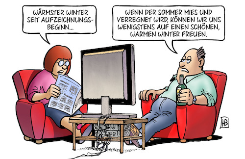 Cartoon: Wärmster Winter (medium) by Harm Bengen tagged wärmster,winter,aufzeichnungsbeginn,klimaziele,klimawandel,klimapolitik,sommer,tv,zeitung,lesen,harm,bengen,cartoon,karikatur,wärmster,winter,aufzeichnungsbeginn,klimaziele,klimawandel,klimapolitik,sommer,tv,zeitung,lesen,harm,bengen,cartoon,karikatur