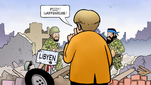 Cartoon: Waffenruhe Libyen (medium) by Harm Bengen tagged pssst,waffenruhe,general,haftar,al,sarraj,merkel,frieden,libyen,konferenz,berlin,krieg,soldaten,harm,bengen,cartoon,karikatur,pssst,waffenruhe,general,haftar,al,sarraj,merkel,frieden,libyen,konferenz,berlin,krieg,soldaten,harm,bengen,cartoon,karikatur