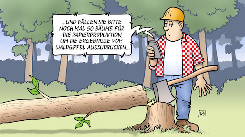 Cartoon: Waldgipfel-Papier (medium) by Harm Bengen tagged baum,fällen,baumfäller,papierproduktion,waldgipfel,ausdrucken,waldsterben,handy,axt,harm,bengen,cartoon,karikatur,baum,fällen,baumfäller,papierproduktion,waldgipfel,ausdrucken,waldsterben,handy,axt,harm,bengen,cartoon,karikatur