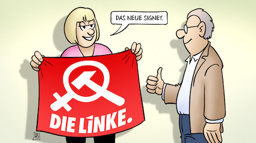 Cartoon: Weibliche Doppelspitze (medium) by Harm Bengen tagged signet,weibliche,doppelspitze,linke,partei,parteitag,hennig,wellsow,wissler,fahne,hammer,sichel,frauen,feminismus,harm,bengen,cartoon,karikatur,signet,weibliche,doppelspitze,linke,partei,parteitag,hennig,wellsow,wissler,fahne,hammer,sichel,frauen,feminismus,harm,bengen,cartoon,karikatur