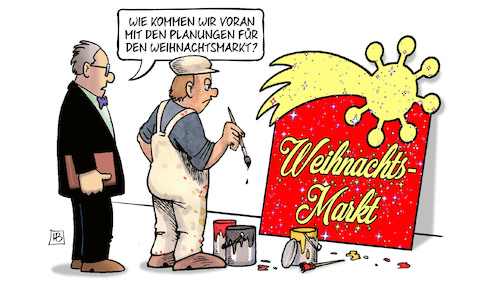 Cartoon: Weihnachtsmarkt-Planung (medium) by Harm Bengen tagged planungen,weihnachtsmarkt,schild,arbeiter,maler,farbe,komet,virus,corona,harm,bengen,cartoon,karikatur,planungen,weihnachtsmarkt,schild,arbeiter,maler,farbe,komet,virus,corona,harm,bengen,cartoon,karikatur