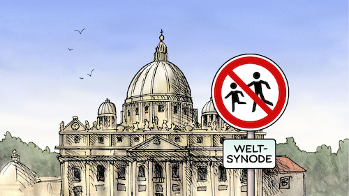 Cartoon: Weltsynode (medium) by Harm Bengen tagged weltsynode,vatikan,papst,petersdom,kinder,missbrauchsskandal,verkehrsschild,katholische,kirche,harm,bengen,cartoon,karikatur,weltsynode,vatikan,papst,petersdom,kinder,missbrauchsskandal,verkehrsschild,katholische,kirche,harm,bengen,cartoon,karikatur