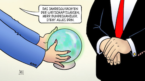 Cartoon: Wirtschaftsweise-Jahresgutachten (medium) by Harm Bengen tagged jahresgutachten,wirtschaftsweisen,bundeskanzler,kristallkugel,zukunft,glaskugel,harm,bengen,cartoon,karikatur,jahresgutachten,wirtschaftsweisen,bundeskanzler,kristallkugel,zukunft,glaskugel,harm,bengen,cartoon,karikatur