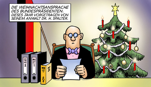 Cartoon: Wulff-Ansprache (medium) by Harm Bengen tagged wulff,bundespräsident,weihnachtsansprache,ansprache,rede,anwalt,kredit,vorteil,vorteilsnahme,zinsen,bestechung,korruption,weihnachten,baum,fahne,wulff,bundespräsident,weihnachtsansprache,ansprache,anwalt,kredit,vorteil