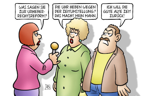 Cartoon: Zeitumstellung und Urheber (medium) by Harm Bengen tagged europaparlament,abstimmungen,urheberrechtsreform,uhr,heben,zeitumstellung,mann,gute,alte,zeit,interview,harm,bengen,cartoon,karikatur,europaparlament,abstimmungen,urheberrechtsreform,uhr,heben,zeitumstellung,mann,gute,alte,zeit,interview,harm,bengen,cartoon,karikatur