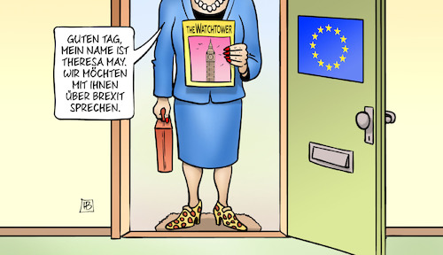 Cartoon: Zeugen Brexitovas (medium) by Harm Bengen tagged zeugen,brexitovas,jehovas,theresa,may,missionarin,brexit,watchtower,eu,europa,haustuer,harm,bengen,cartoon,karikatur,zeugen,brexitovas,jehovas,theresa,may,missionarin,brexit,watchtower,eu,europa,haustuer,harm,bengen,cartoon,karikatur